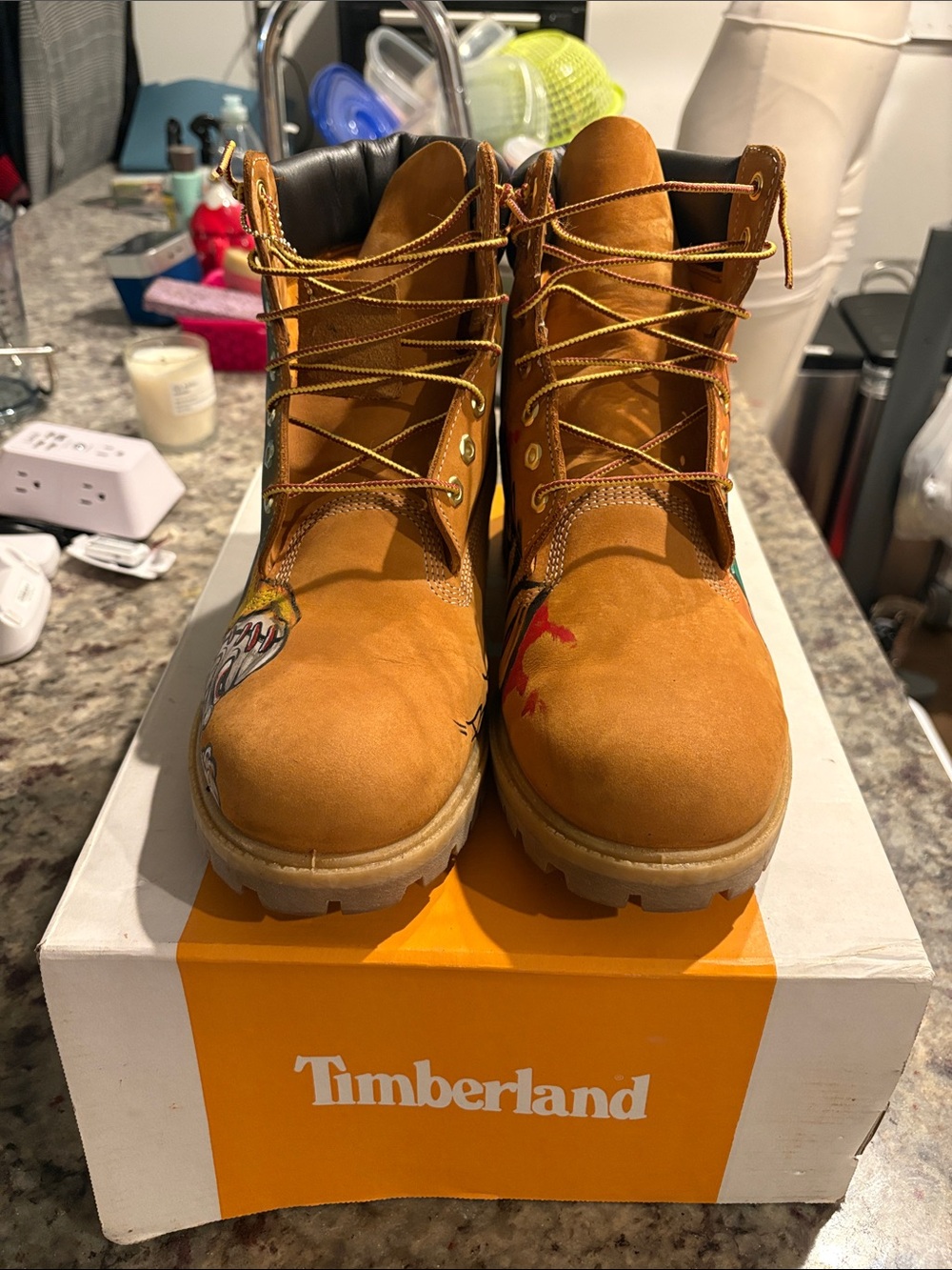 BBDR CUSTOM Timberland Tan Nubuck Lace-Up Boots with Painted Accents